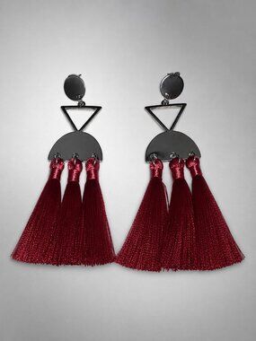 Burgundy Tassel Statement Earrings